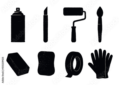 Art tools silhouette icons set – grunge style, creative supplies and equipment symbols