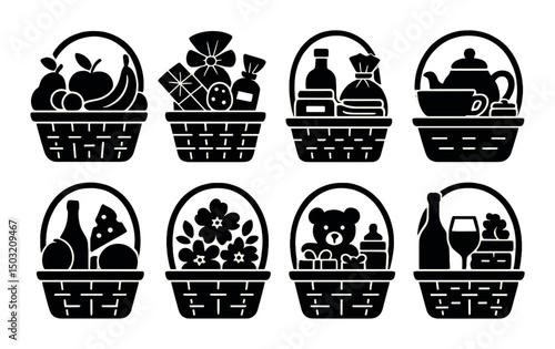 Diverse gift baskets silhouette icons set – outline, present and hamper collection