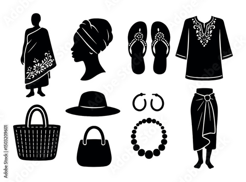 Zanzibar fashion icons set – silhouette, traditional attire, cultural style symbols