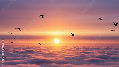 Birds silhouette sunrise above clouds