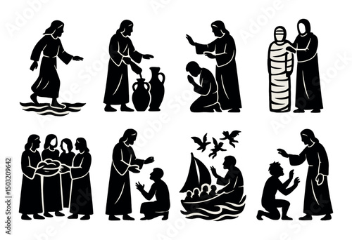 Christian miracles silhouette icons set – jesus' acts, divine wonders, faith symbols