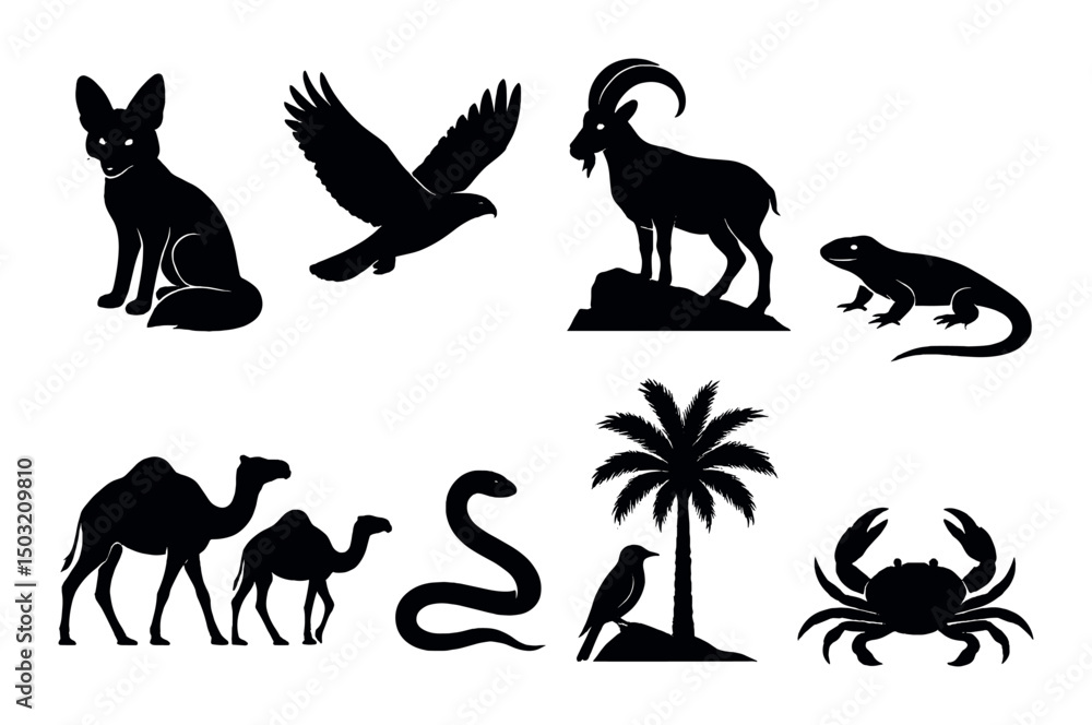 Kuwaiti wildlife silhouettes icons set – simple nature, animals, desert life symbols Kuwaiti wildlife silhouettes icons set – simple nature, animals, desert life symbols