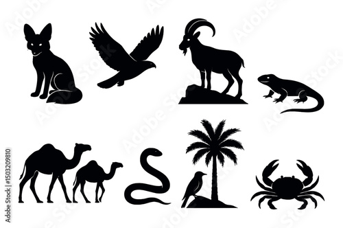 Kuwaiti wildlife silhouettes icons set – simple nature, animals, desert life symbols