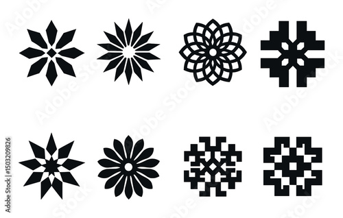 Symmetrical geometric silhouette icons set – minimal, decorative and simple patterns