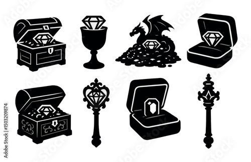 Treasure and gem silhouette icons set – simple, jewel and wealth symbols