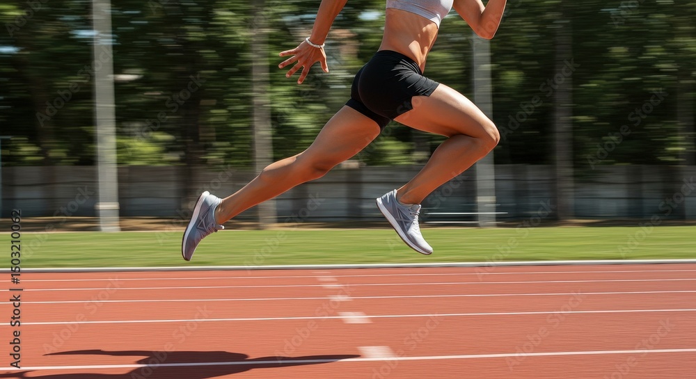 Fototapeta premium Female athlete sprinting on red athletics track with motion blur during sunny outdoor training