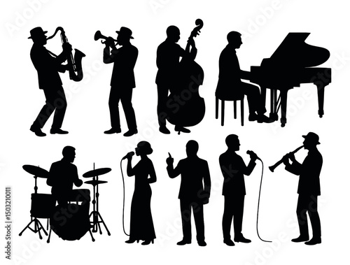 Jazz music icons set – silhouette musicians, performance and concert symbols