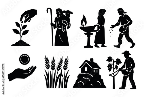 Parables silhouette icons set – simple storytelling, biblical and moral lesson symbols