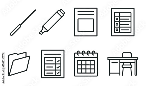 Teacher's essential tools icons set – outline, educational, classroom resources