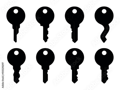 Worn keys icons set – silhouette, simple, classic key symbolism