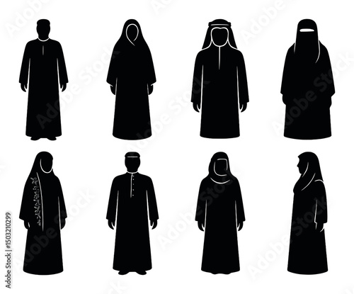 Kuwaiti clothing icons set – silhouette, traditional and cultural attire symbols