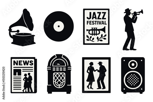 Jazz and music silhouette icons set – outline, historical and festival symbols