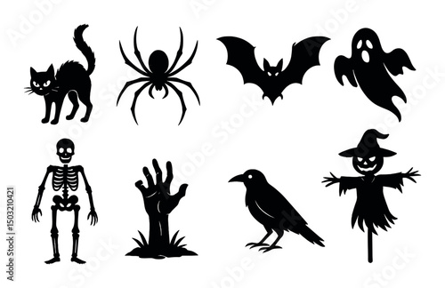 Creepy creature icons set – silhouette, spooky and horror themed designs for halloween