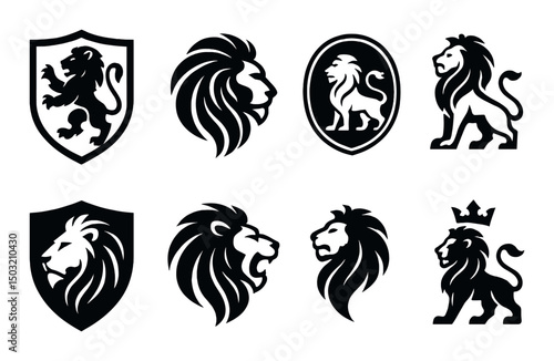 Animal silhouette icons set – lion emblems, regal and majestic symbols collection