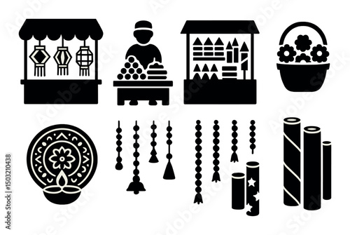 Diwali market silhouettes icons set – simple festival, celebration symbols
