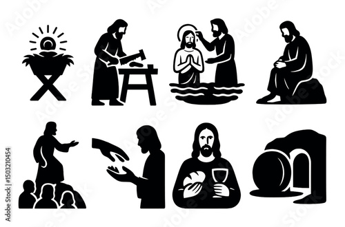 Life of jesus silhouette icons set – outline, biblical and religious symbol collection