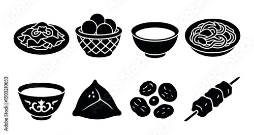 Kazakh cuisine icons set – silhouette, food, traditional meal symbols