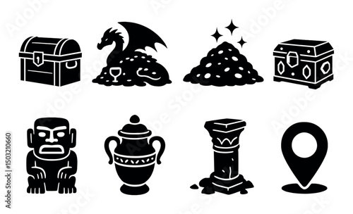 Gold treasures silhouette icons set – ancient, wealth and treasure chest emblems