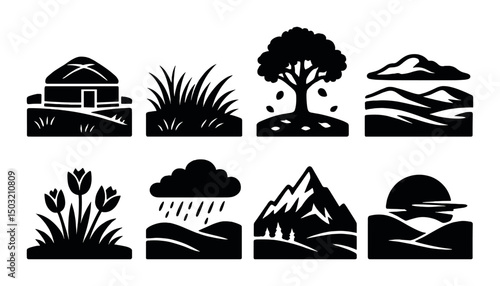 Kazakh seasonal icons set – silhouette, traditional, cultural symbols for design