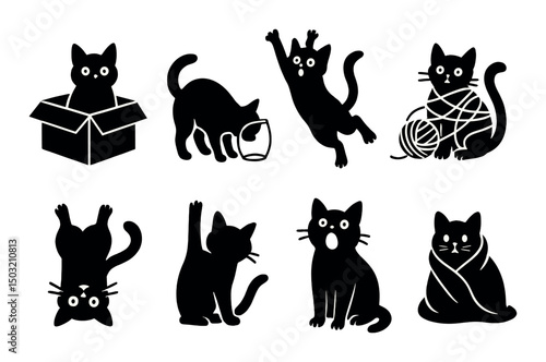 Playful cat silhouette icons set – simple, feline and pet graphics