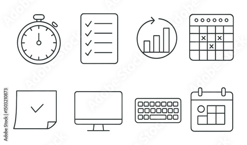 Productivity and desk outline icons set – minimal, workspace and office efficiency symbols