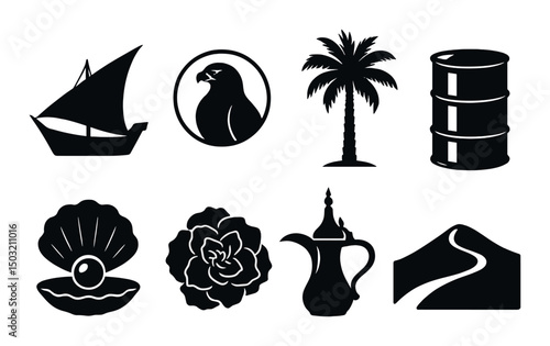 Kuwaiti cultural silhouette icons set – heritage, traditional and cultural symbols
