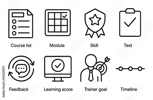 Learning path outline icons set – linear education, training progress symbols