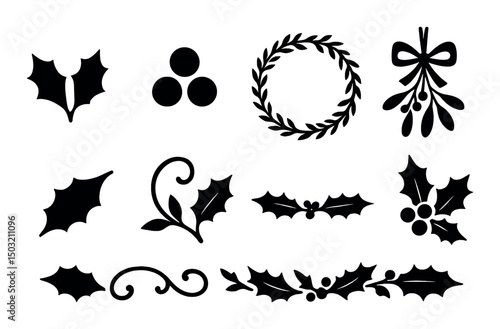 Christmas and holiday silhouettes icons set – festive, mistletoe and holly shapes