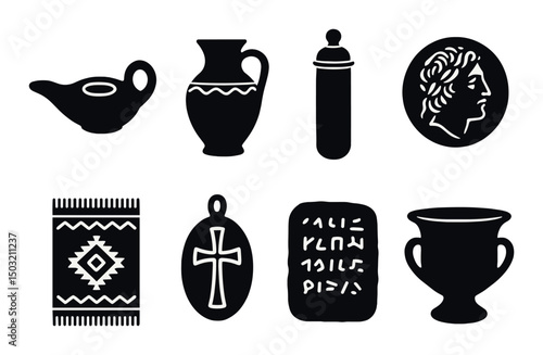 Ancient artifacts silhouette icons set – classic relics, historical symbols, timeless treasures