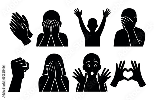 Hand emotions silhouette icons set – gesture, simple and expressive symbols collection