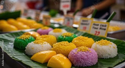 Colorful thai mango sticky rice khao niao mamuang dessert on banana leaf at street food market