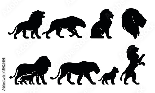 Lion silhouette icons set – outline, animal and wildlife symbol compilation