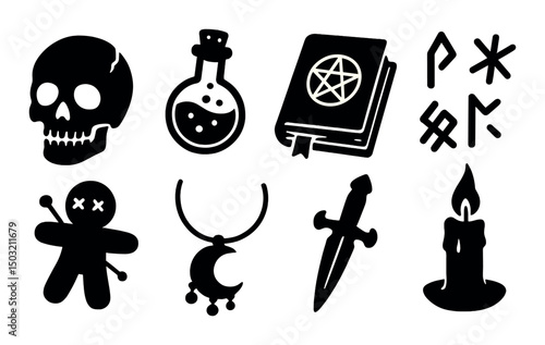 Dark magic silhouette icons set – symbols, witchcraft and occult theme