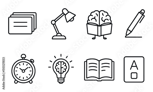 Study tools outline icons set – educational, linear and schoolwork design elements