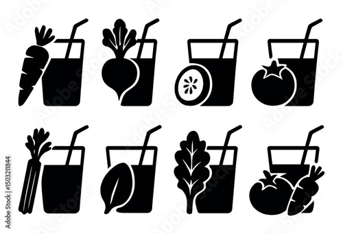 Vegetable juices silhouette icons set – health, nutrition and drink symbols