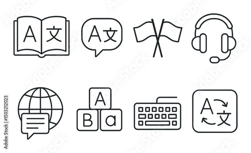 Multilingual communication icons set – outline, translation and language symbols