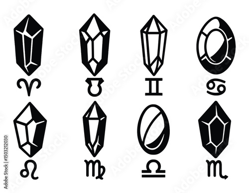 Zodiac crystal silhouettes icons set – astrological, mystical sign symbols