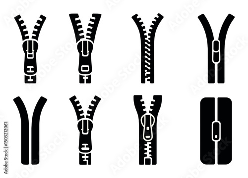 Zipper types icons set – silhouette, fastening and closure design elements