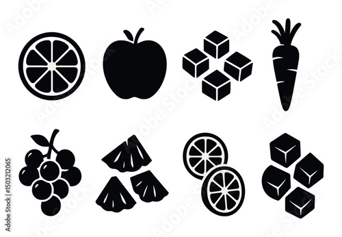 Fruit and veggie silhouette icons set – simple, food and nutrition symbols