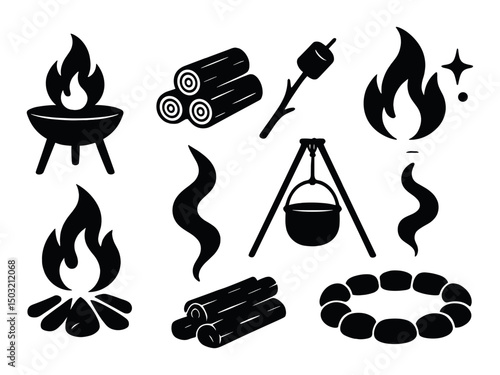 Campfire essentials icons set – silhouette, fire, outdoor adventure symbols