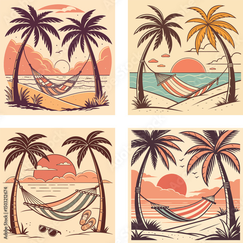 A beachside hammock between two palm trees with a retro sunset.