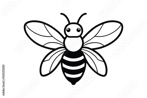Adorable cartoon bee black and white illustration