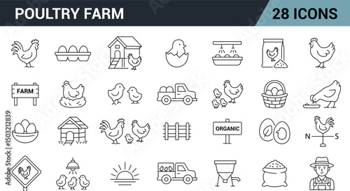 Poultry Farm Line Editable Icons Set. 
Includes Rooster, Hen, Chicks, Eggs, Chicken Coop, Farmer, Feed Bag, Farm Truck, Organic Sign, Feeding Trough, Nest, and more. Vector Illustration.