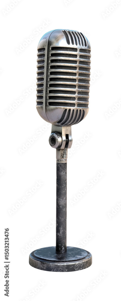 Fototapeta premium PNG Retro vintage microphone on stand isolated on white background