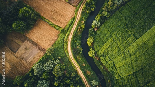 Aerial View of Serene Countryside: River, Fields, and Road
