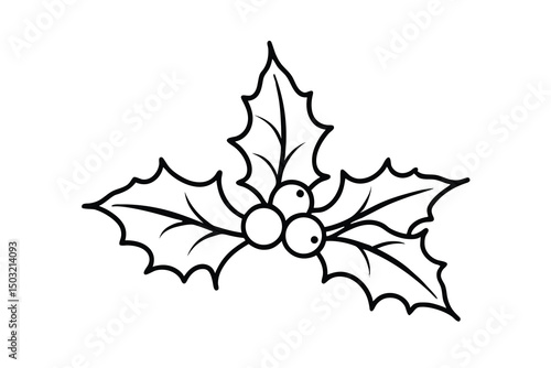 Simple line drawing of holly berries and leaves christmas design
