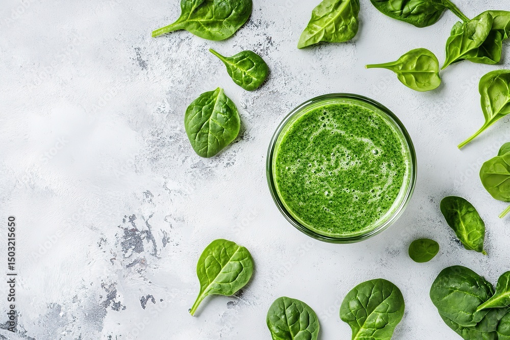 Bright green spinach smoothie sits among fresh spinach leaves on a concrete surface Bright green spinach smoothie sits among fresh spinach leaves on a concrete surface