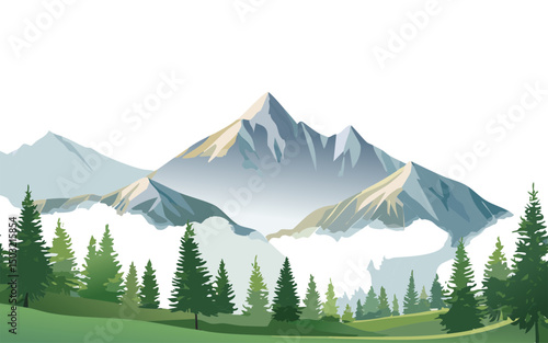 Snowy Mountains with Foggy Forest