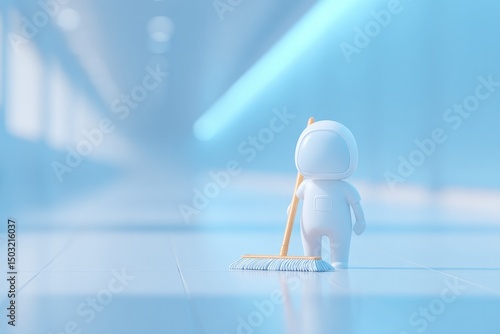 of 3d-rendered janitor in sterile minimalistic hallway with ample copy space on left