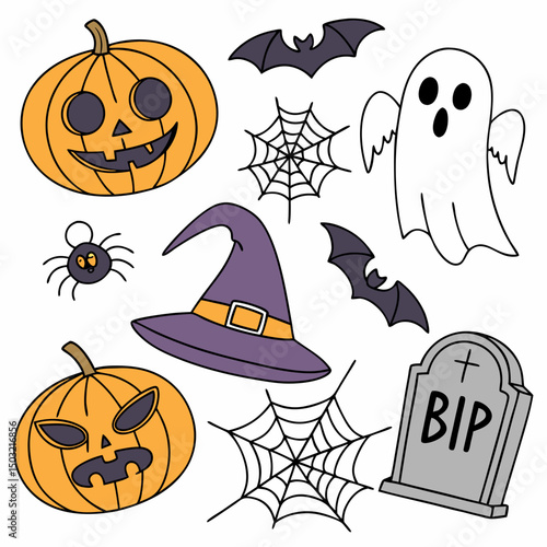Spooky Halloween Elements Set – Cartoon Vector Icons of Pumpkins, Ghosts, Bats, and More